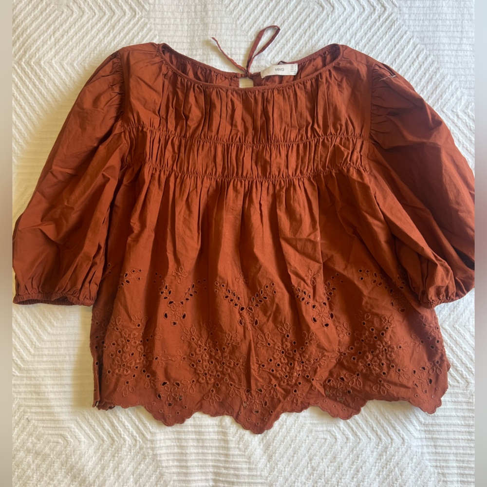 Mango - Women's Rust Top - ruffle puff sleeve boxy blouse